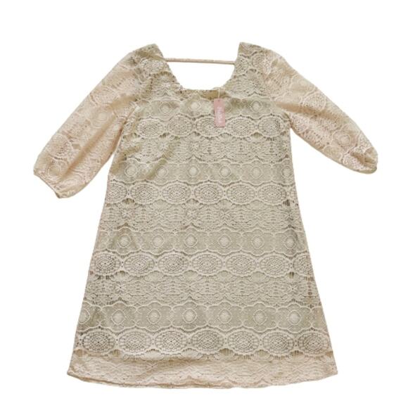 Rachel Kate Cream Pink Lace Overlay 3/4 Sleeve Scoop Neck Mini Dress Medium NEW - Picture 7 of 10